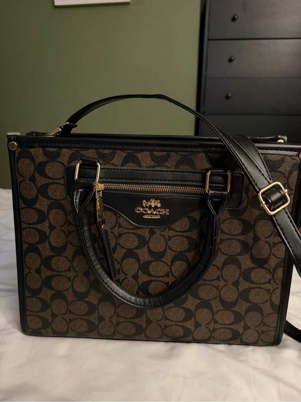 COACH Brown Signature Canvas Satchel with Black Trim
